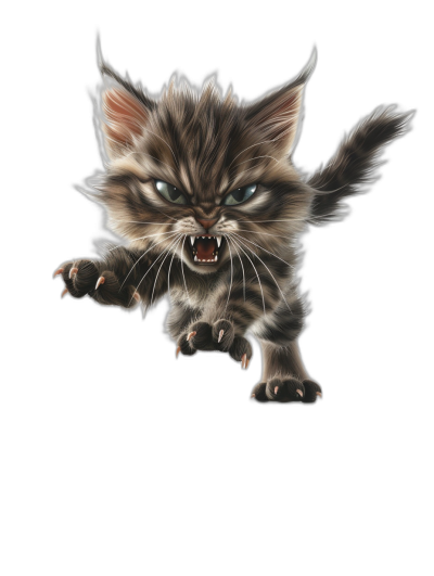 A digital airbrush illustration of an angry cute kitten jumping in the style of a t-shirt design, on a black background, that is both cute and scary.