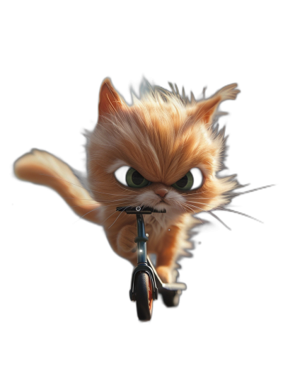 3D render of a cute cartoon cat riding an electric scooter with an angry facial expression on a black background with a front view under studio lighting, rendered in Octane with hyper-realistic and insanely detailed resolution photography.