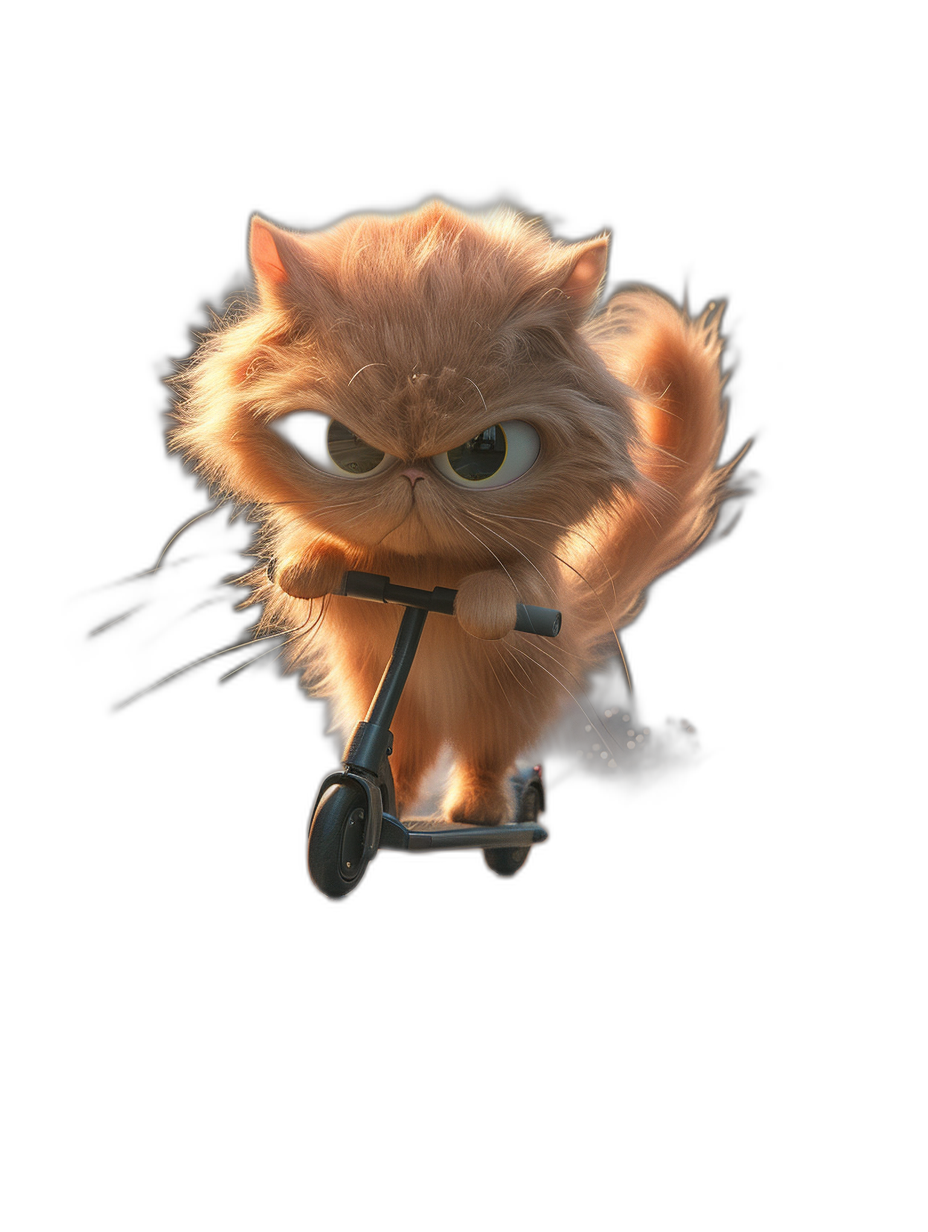 Cute fluffy Persian cat riding scooter with an angry face on a black background, in the style of Pixar, in the style of Disney, 3D rendering, octane render.