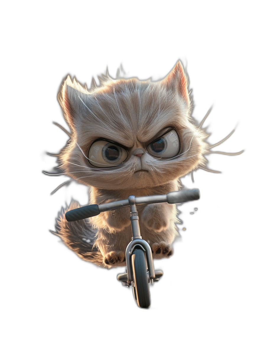 realistic cute kitten character riding bike, angry facial expression, black background, in the style of Pixar