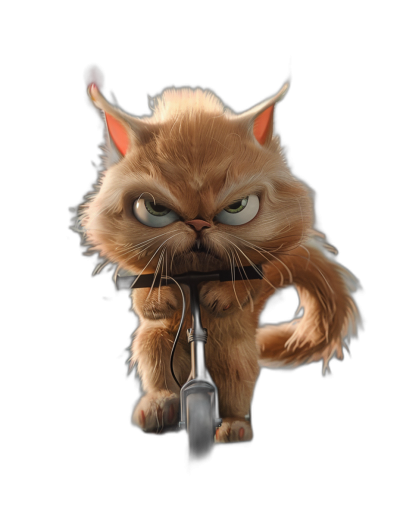 front view of an angry ginger cat riding an electric scooter in the style of Pixar, as a cartoon character against a black background, with a simple design and no shadows on the head or body, at a high resolution and high quality with an octane render in 3D and sharp focus on intricate details for a hyper realistic effect.