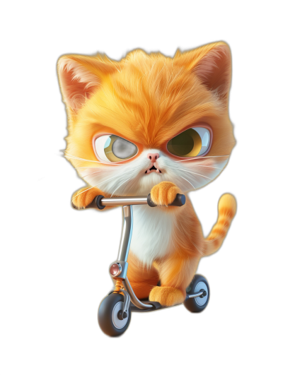 A cute orange cat with big eyes, sitting on a scooter bike with an angry facial expression against a black background in the style of Pixar studio's cartoon and 3D render style with Pixar's character design approach to digital art.