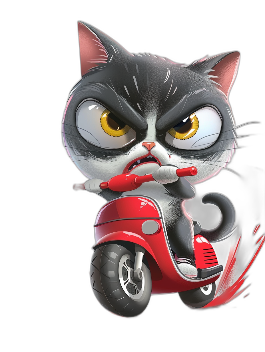 A cute chibi cat with an angry expression riding on a red scooter in the style of a cartoon with a black background, in a high resolution 3D octane render style.