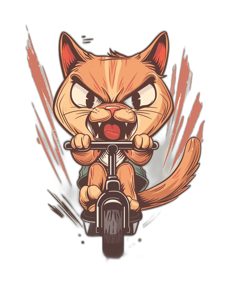 t-shirt design, cute chibi cat riding motorcycle with an angry expression on black background, vector art style, detailed character illustration, detailed facial features, detailed eyes and beks, cute cartoon designs, tshirt vector, detailed digital illustrations, digital art techniques, bold outlines, cartoonish design elements, dark colors, sharp edges, high contrast, clear lines, clean background, professional graphic designer quality, white space around the subject of artwork