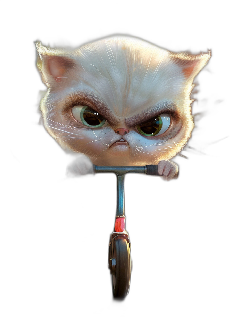 grumpy cat cartoon character on scooter, angry face, black background, 3D render, cute, in the style of Pixar, cute