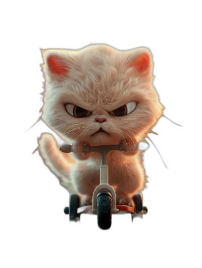 White cute fluffy cat riding tricycle, angry expression, black background, cartoon style, 3D rendering, in the style of Pixar animation, cute pet photography, cute pet wallpaper, high definition details