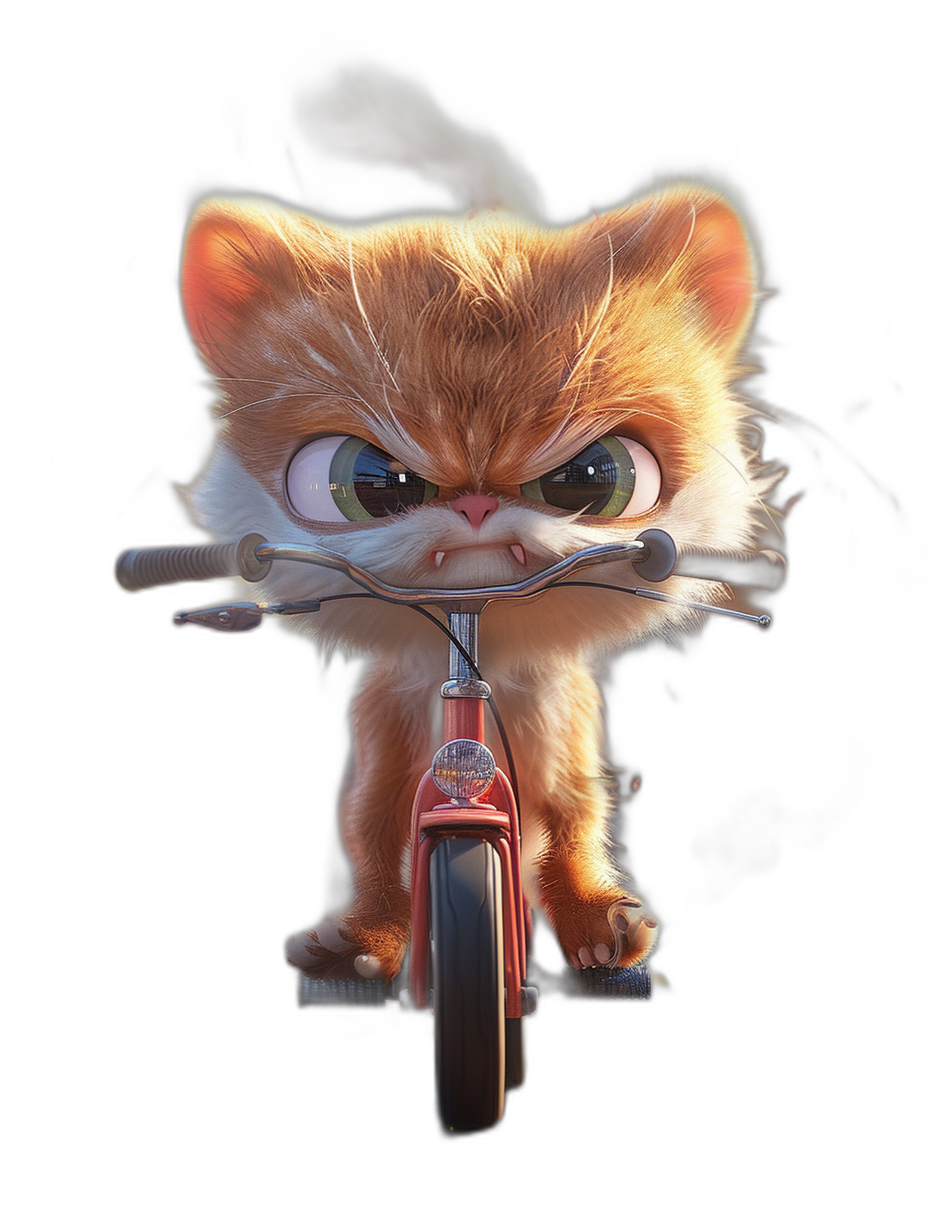 Cute fluffy fur baby cat riding on the bike, angry face, in the style of Pixar, black background, cartoon character design, 3d render, octane rendering, studio light, high resolution photography, insanely detailed