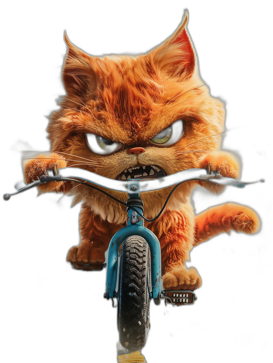 front view of Garfield cat riding bike, angry face, realistic fur texture, black background, digital art in the style of Disney Pixar studio, high resolution