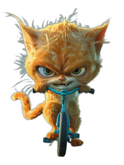 Character design of an angry ginger cat riding on the back wheel, with long hair and big eyes, in the style of Pixar, cartoon character in black background, blue bicycle, cute, funny, 3D render, octane rendering, hyper realistic.