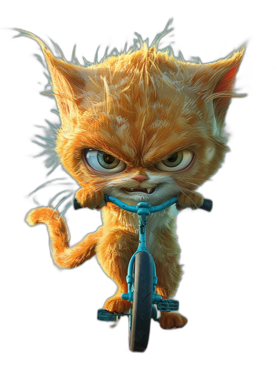 Character design of an angry ginger cat riding on the back wheel, with long hair and big eyes, in the style of Pixar, cartoon character in black background, blue bicycle, cute, funny, 3D render, octane rendering, hyper realistic.