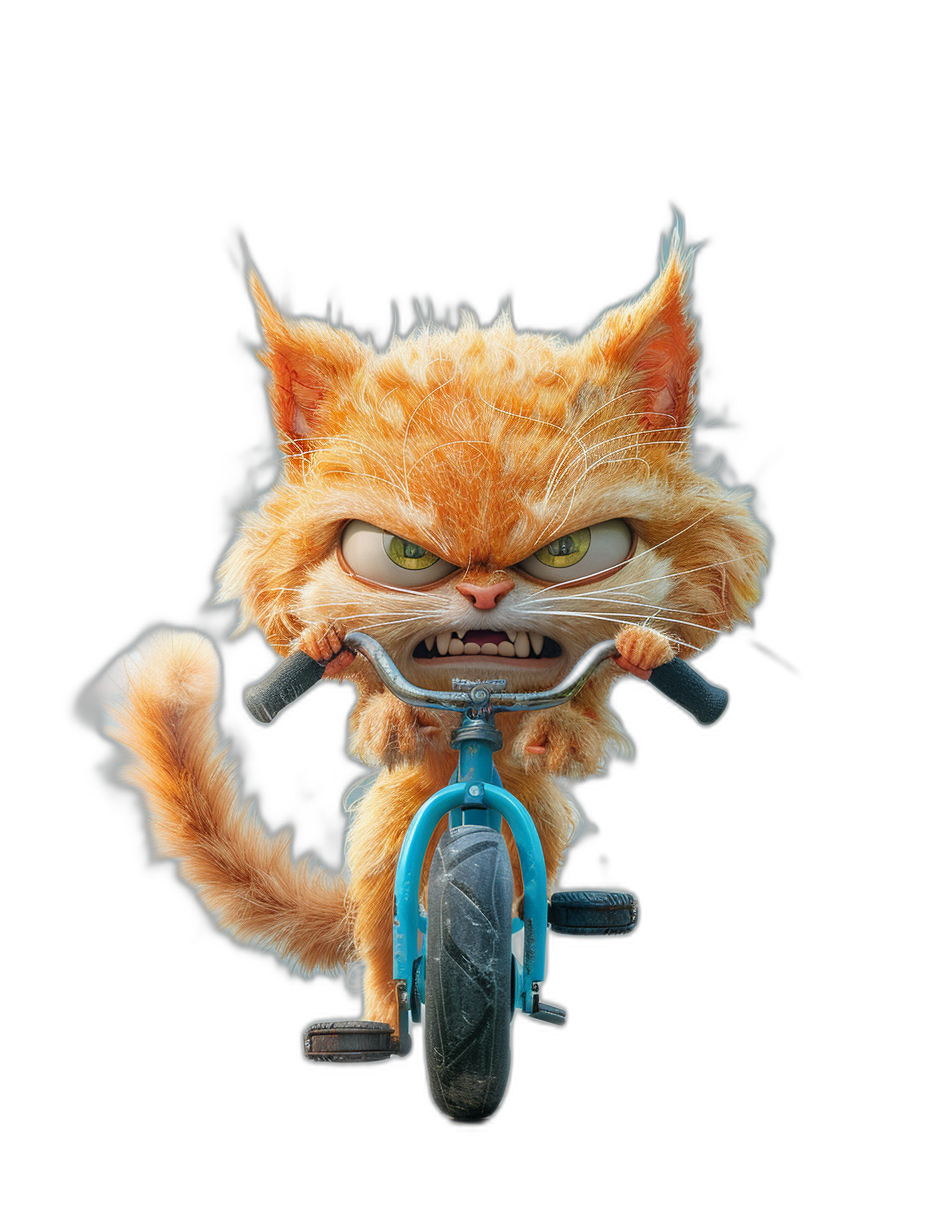 grumpy orange cat riding a bicycle in the style of Pixar, in a cartoon style, isolated on a black background, a funny character, a full body portrait, high resolution, 3D render, like a Pixar movie poster, cute, fluffy fur, an angry face with fangs showing, blue and white colors