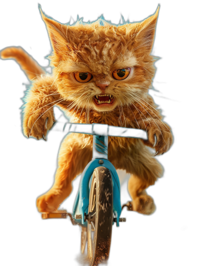 A cute orange cat with yellow eyes, riding on the front of a blue unicycle in a black background, with an angry face and funny expression, showing its full body, in the style of a realistic photo with cinematic light and hyper detailed rendering, as if created in Unreal Engine with HDR lighting.