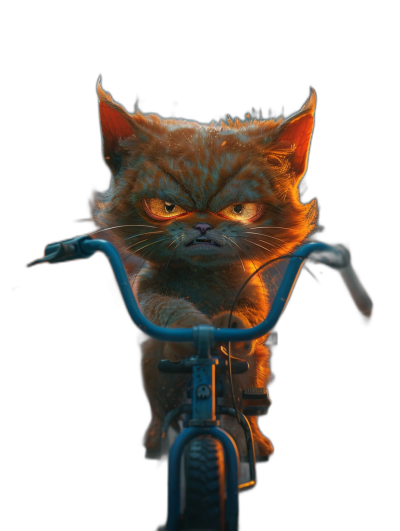 realistic cute orange cat sitting on a bicycle, with an angry face and glowing eyes, against a dark background, digital art in the style of Disney Pixar studio, with cinematic lighting and soft light, a high quality render in octane, with detailed skin and hair and soft focus, at a high resolution