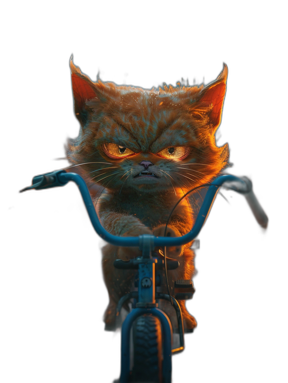 realistic cute orange cat sitting on a bicycle, with an angry face and glowing eyes, against a dark background, digital art in the style of Disney Pixar studio, with cinematic lighting and soft light, a high quality render in octane, with detailed skin and hair and soft focus, at a high resolution