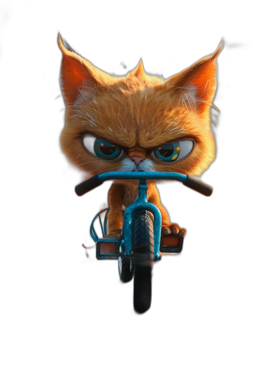 grumpy orange cat with blue eyes riding on the front of bicycle, in the style of cartoon, black background, in the style of Pixar, cute, 3d render, digital art