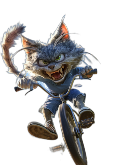 realistic digital concept art of an angry cat riding a bicycle, wearing blue jeans and white sneakers, black background, dynamic pose, front view, sharp teeth, funny character design, full body shot, in the style of Pixar, in the style of the zootopia movie, vibrant colors, cute and adorable, high resolution