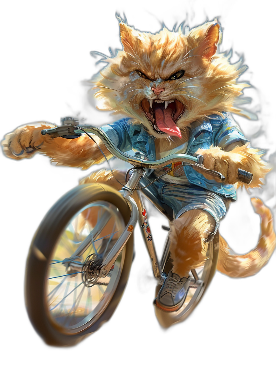 realistic fantasy art illustration of an angry cat riding on bicycle, blue shirt and shorts, black background, full body portrait, high details