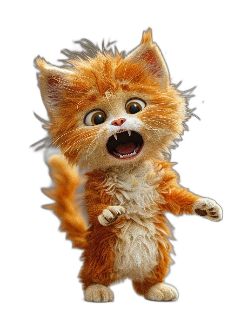 3D render of a cute happy ginger cat, full body, white and brown fur, in an action pose with arms outstretched on a black background, cute and fluffy, highly detailed eyes, in the style of Pixar, like a Disney movie poster, like a Disney cartoon, like Disney Pixar animation, cute fluffy orange kitten with open mouth showing teeth, cute and playful expression, cute red long hair