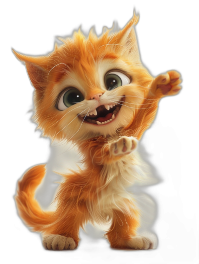 smiling cute kitten character with big eyes, white tail and orange fur, dancing, full body, concept art in the style of Pixar studio, black background, digital painting, high resolution