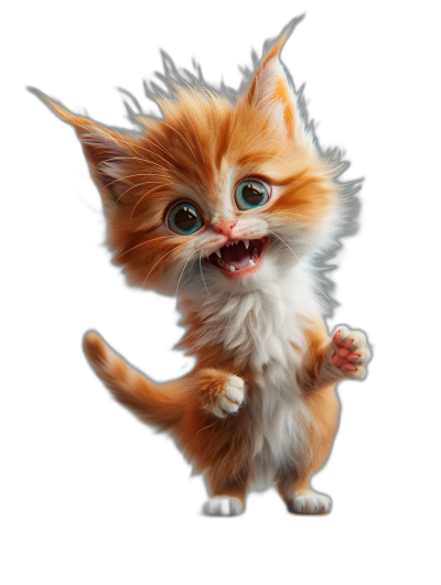 Cute orange and white kitten jumping with a smiling expression, big eyes, and fluffy hair shown in full body against a black background in the style of Pixar. The kitten is a 3D rendering with high definition details and movie lighting at high resolution of 2K for super quality.