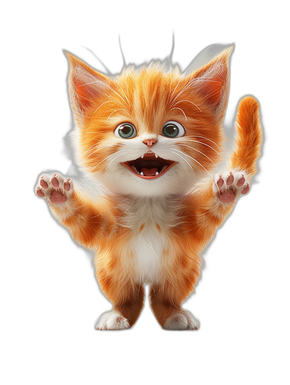 Cute orange and white kitten character, happy expression, open mouth showing teeth, two paws raised in the air, in the style of Pixar, black background, full body shot, 3D rendering, high definition details.