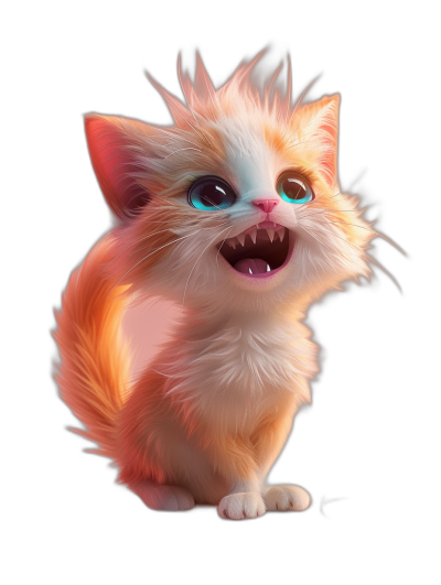 A cute smiling baby cat in the style of cartoon, digital art with a black background, concept character design in the style of Pixar, a cute fluffy furry kitten full body, glowing eyes, high resolution, octane render, unreal engine, bright colors, cinematic lighting, volumetric light, detailed fur texture, a playful expression.