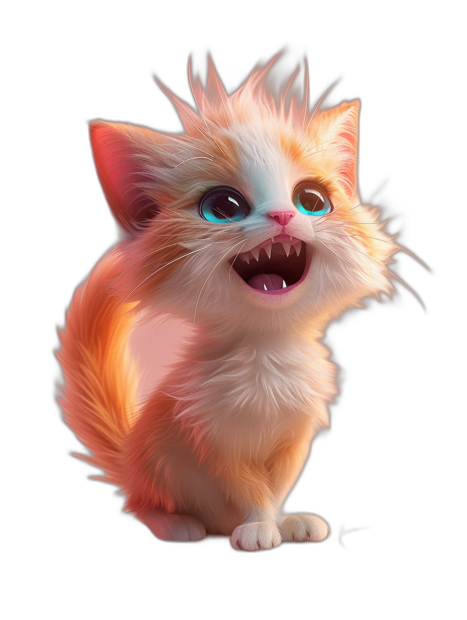 A cute smiling baby cat in the style of cartoon, digital art with a black background, concept character design in the style of Pixar, a cute fluffy furry kitten full body, glowing eyes, high resolution, octane render, unreal engine, bright colors, cinematic lighting, volumetric light, detailed fur texture, a playful expression.