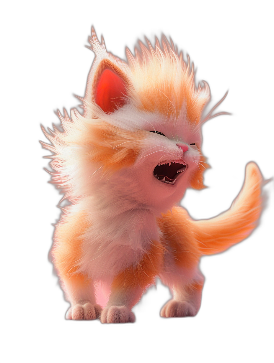 3D render of an orange and white kitten with spiky hair, laughing heartily while being ruffled in the style of strong wind against its will, cute, fluffy, in the style of Pixar, black background, full body shot