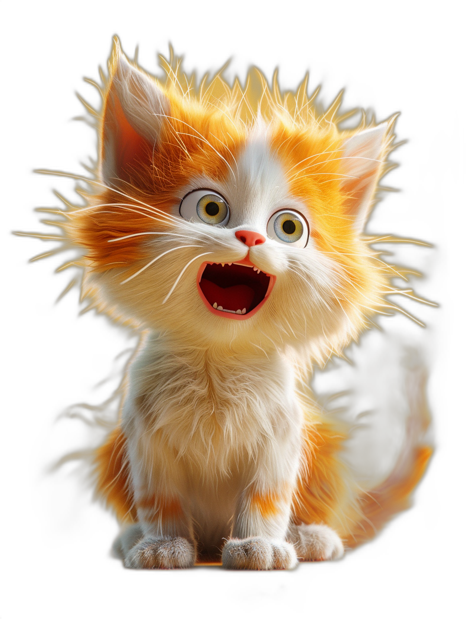 3D render of a happy orange and white kitten with wild hair, cute, in the style of Pixar, black background, bright colors, octane rendering, high resolution photography, hyper realistic, hyper detailed