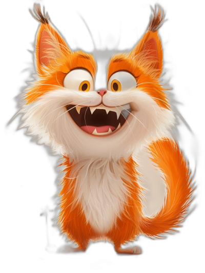 A cute orange and white fluffy cat, smiling with sharp teeth, in the style of Pixar cartoon character design, on a black background, with high resolution.