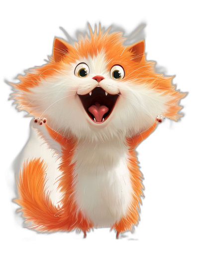 A smiling fluffy orange and white cat, in the style of Disney, as a cartoon character, in the Disney Pixar animation movie poster style, showing its full body, on a black background, cute, with detailed rendering of fur textures, big eyes, an expressive face showing happy emotions, with a large open mouth laughing and hands up in the air.