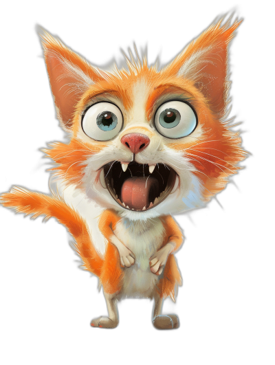 A cute orange and white cat with big eyes, full body shot, in the style of cartoon, with its mouth open in a smile on a black background, with detailed fur texture, in the pixar character design style.