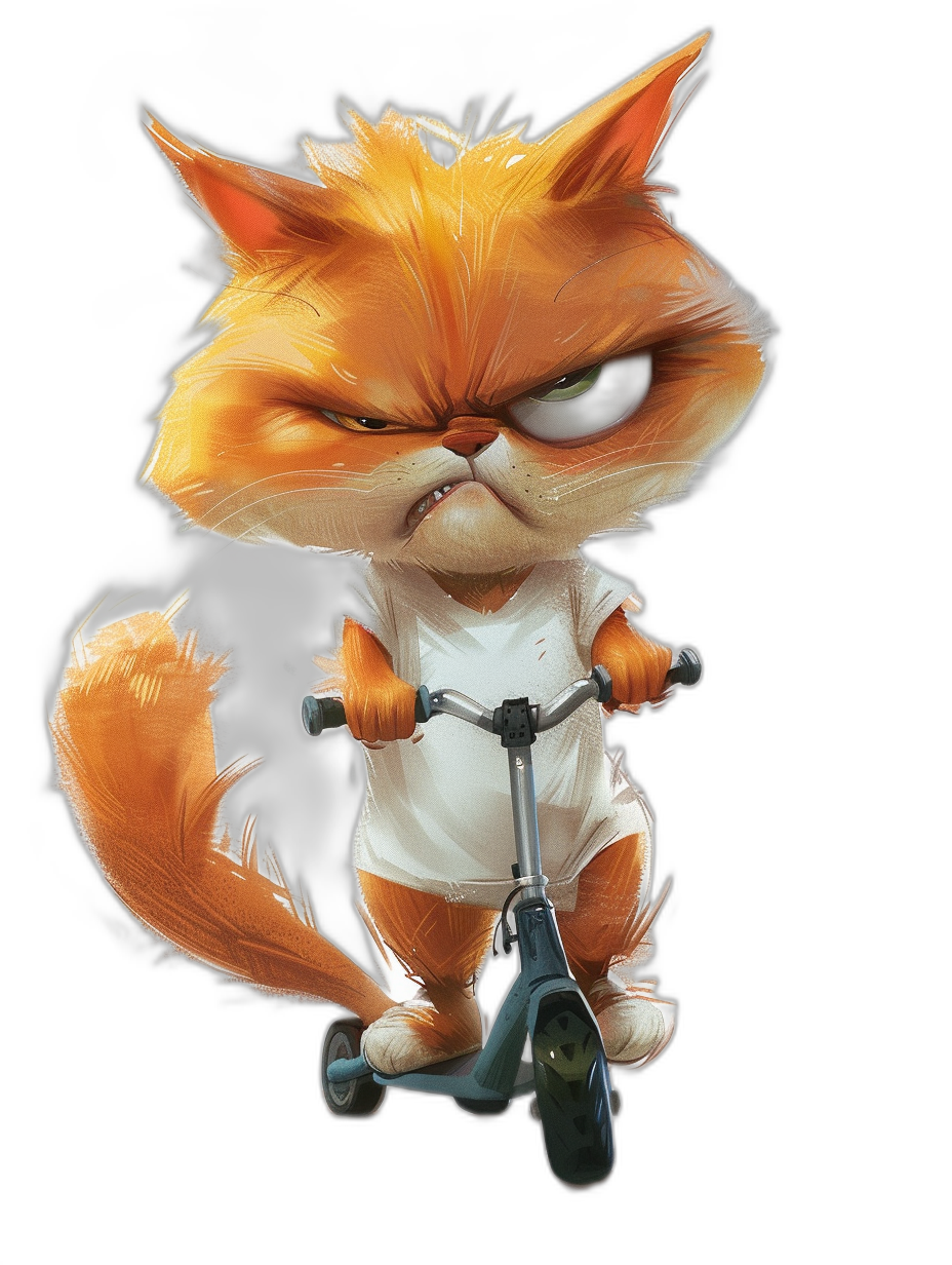 grumpy orange cat with an angry face, wearing a white t-shirt and riding a scooter, full body shot, black background, digital art in the style of [Loish](https://goo.gl/search?artist%20Loish), artstation style