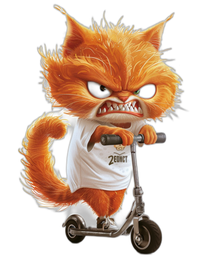 a grumpy orange cat with black eyes wearing white t-shirt and riding scooter, by [Tiago Hoisel](https://goo.gl/search?artist%20Tiago%20Hoisel), caricature-like, playful caricatures Dark background