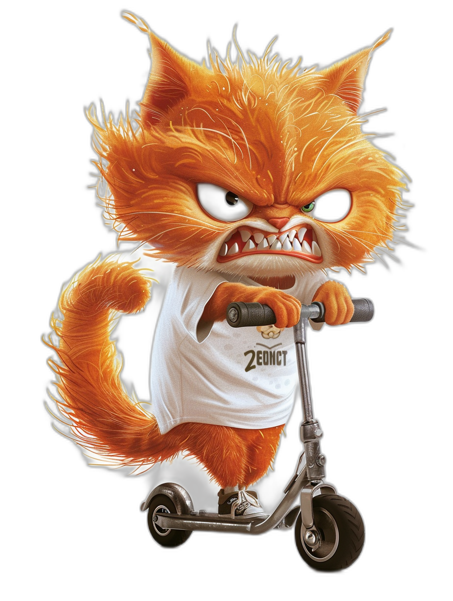 a grumpy orange cat with black eyes wearing white t-shirt and riding scooter, by [Tiago Hoisel](https://goo.gl/search?artist%20Tiago%20Hoisel), caricature-like, playful caricatures Dark background