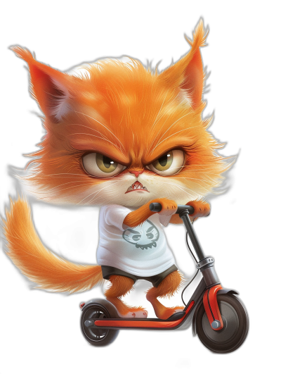 grumpy orange cat cartoon character wearing a white t-shirt, riding an electric scooter against a black background, with detailed facial features in the style of Pixar, and in a chibi style.