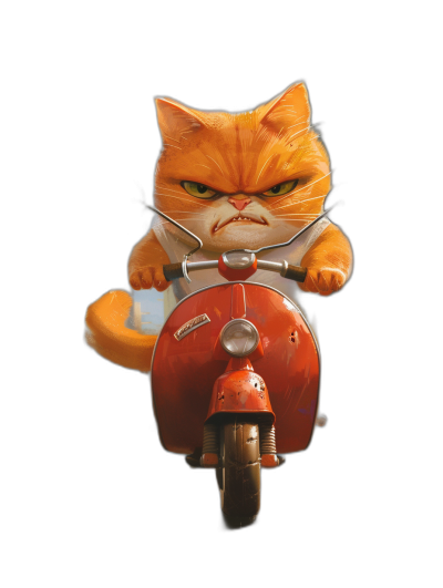 realistic orange cat riding a red vespa, in the cartoon style, with a black background, a grumpy facial expression, shown from the front view