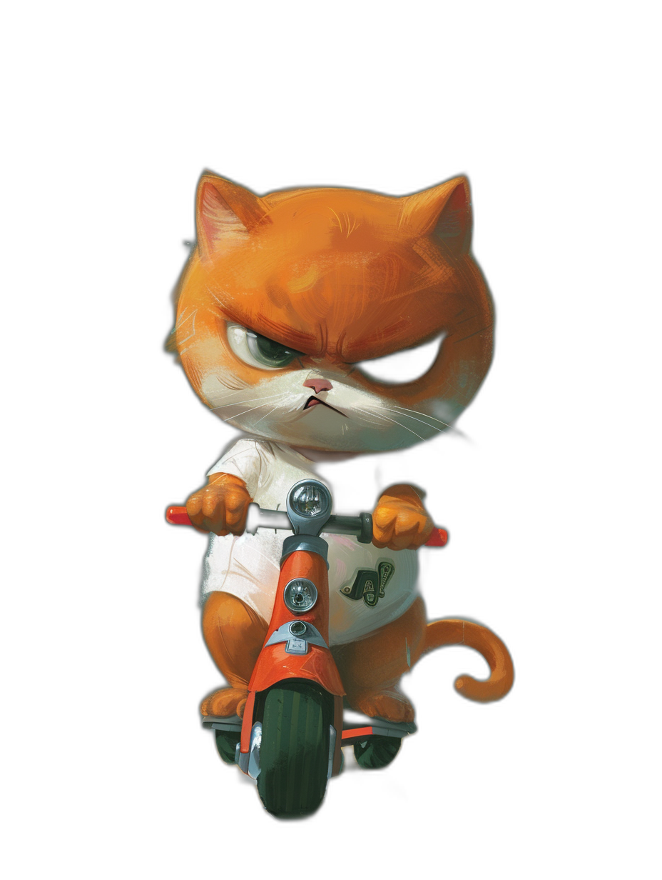 Cute orange cat, wearing a white T-shirt and black shorts with an angry expression riding a scooter on a plain background, in the style of Pixar with a character design, a cartoon illustration, with a black ground color, a full body portrait from the front view, on a simple background, with high definition details.