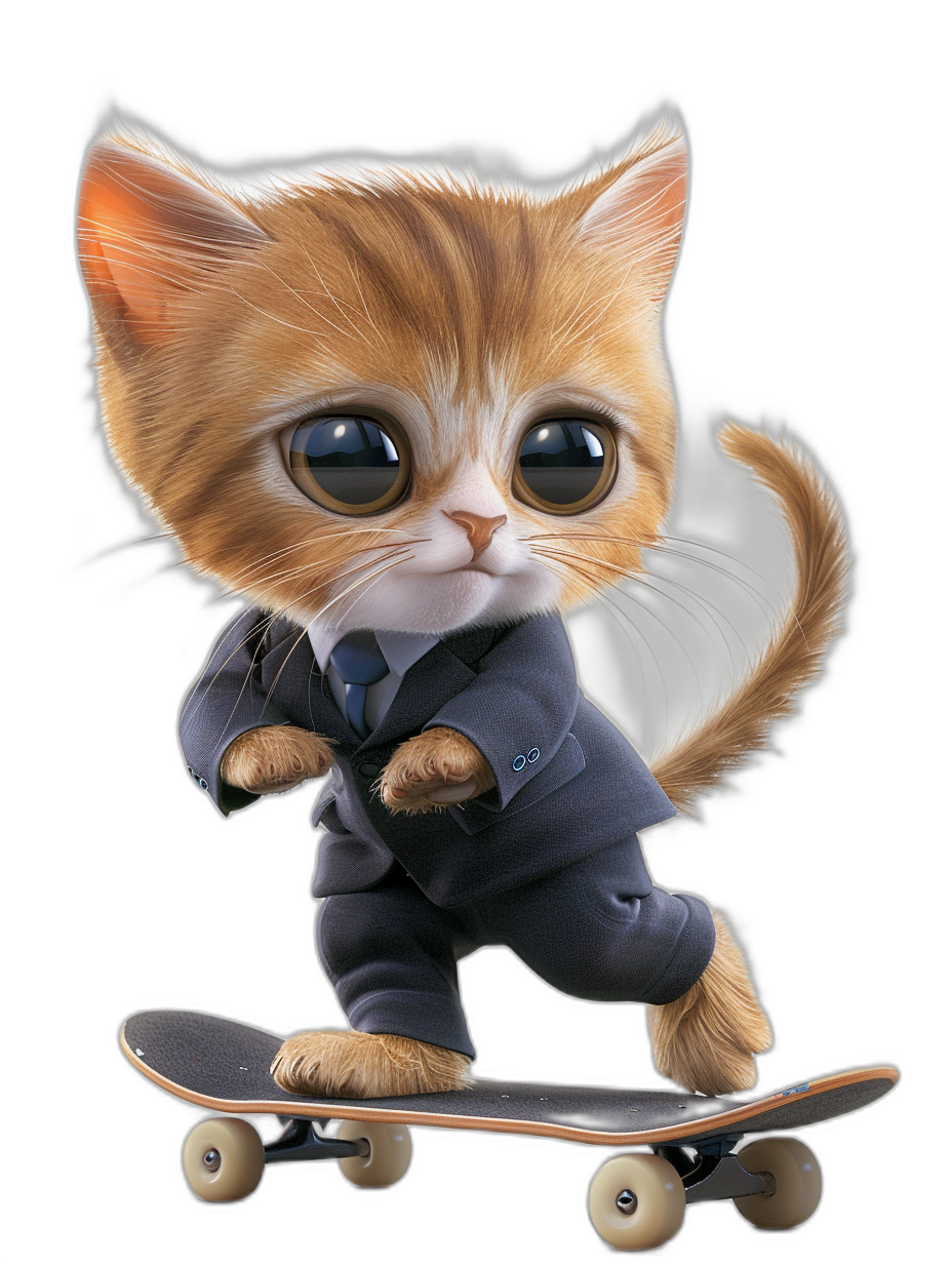 digital art of cute kitten , wear suit, riding on skateboard , black background, big eyes, lovely and funny