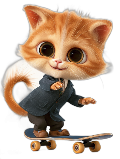 A cute happy baby cat in a suit, with big eyes and brown pupils, riding on a skateboard, in a full body shot, against a black background, in the style of Pixar.