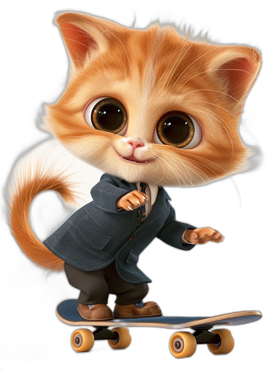 A cute happy baby cat in a suit, with big eyes and brown pupils, riding on a skateboard, in a full body shot, against a black background, in the style of Pixar.