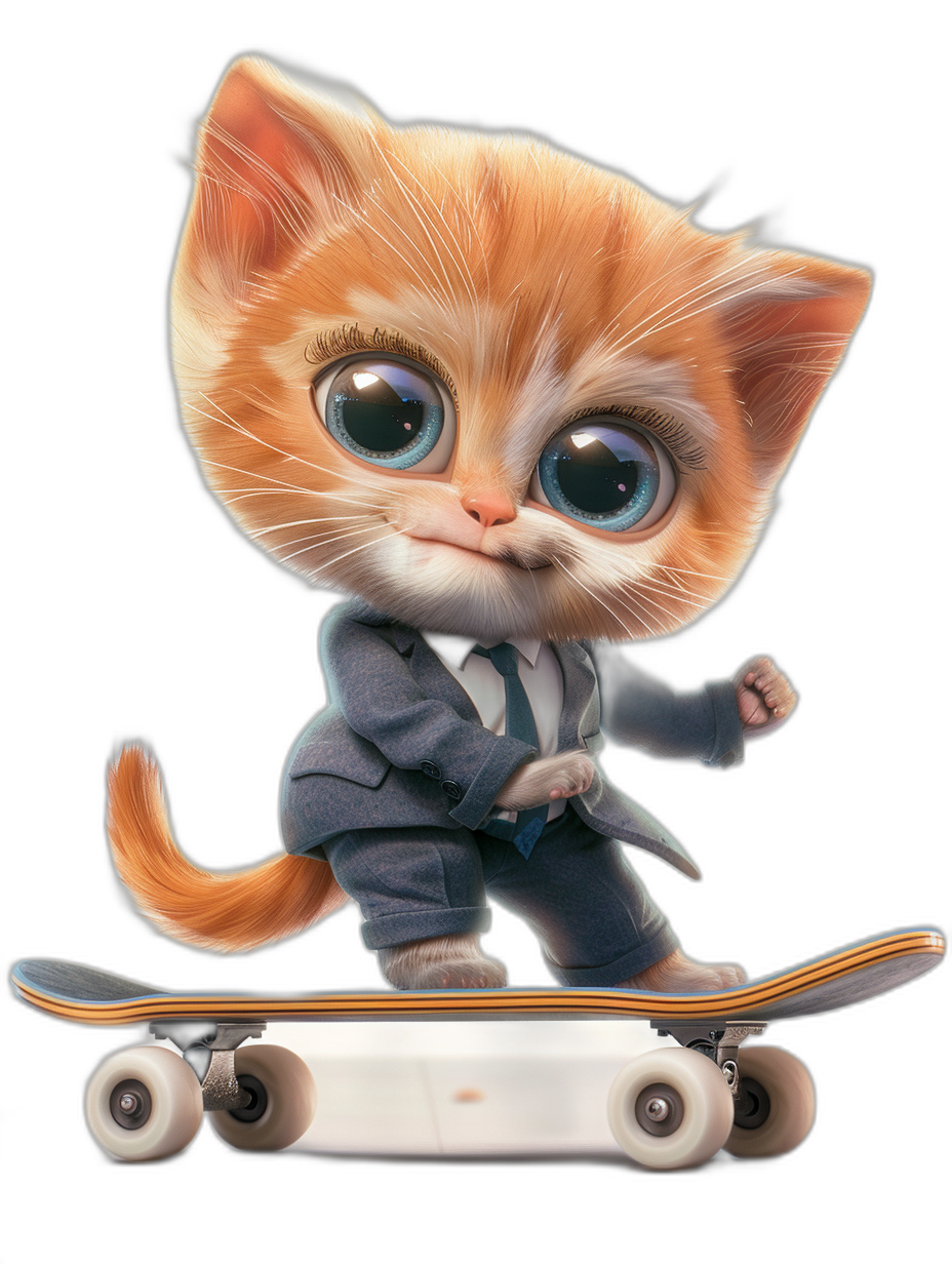 Cute cartoon kitten in a suit riding on a skateboard, with big eyes, on a black background, as a 3D rendering, in the style of Disney, as a full body portrait, with a cute expression, wearing business casual , with a skateboard under its feet, with bright colors, with natural lighting, with soft light.