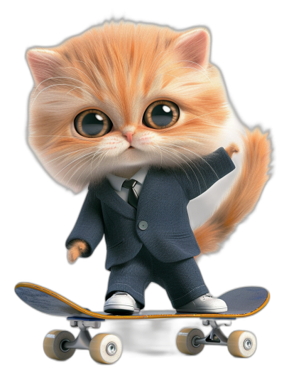 A cute happy orange cat baby in a suit and tie, riding on a skateboard, with big eyes, in a full body shot with a black background, as a 3D cartoonish character in the style of Pixar, fully colored.