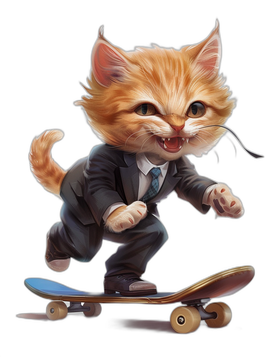 Cute cat cartoon character in suit riding on skateboard, detailed illustration by [Lilia Alvarado](https://goo.gl/search?artist%20Lilia%20Alvarado) and [Krenz Cushart](https://goo.gl/search?artist%20Krenz%20Cushart) and [Loish](https://goo.gl/search?artist%20Loish), black background, cute happy expression, full body shot, sharp focus