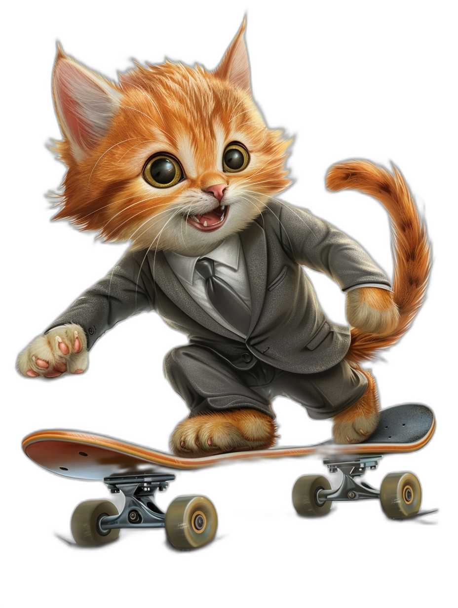 Cute cat in suit riding on skateboard, vector illustration by [Milo Manara](https://goo.gl/search?artist%20Milo%20Manara) and [Artgerm](https://goo.gl/search?artist%20Artgerm), black background