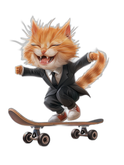 digital art of happy cat in suit and sneakers, riding on skateboard , black background, cute, adorable