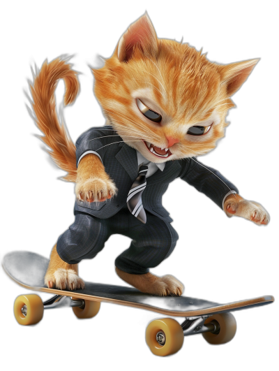 Cute cartoon cat in suit riding on skateboard, isolated black background, high resolution, high quality