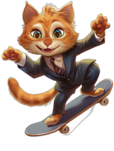 Cute cartoon cat in a suit, skateboarding on a black background, in the style of Disney cartoon illustration, with bright colors, a high resolution, high detail, high quality image, a full body portrait, professionally photographed.