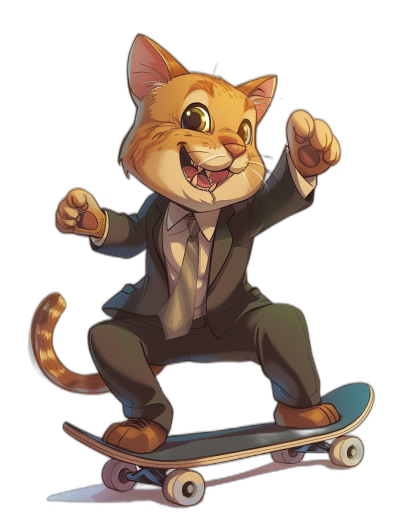 A smiling cat in a suit and tie, riding on a skateboard, in the style of vector art with a black background, cartoon, cute, detailed, digital illustration, high resolution, high detail.