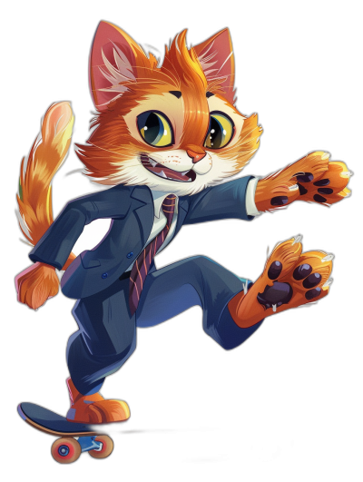 A happy smiling orange cat in a business suit and tie, riding on a skateboard in the style of cartoony Disney Pixar characters; full body drawing against a black background; digital art.